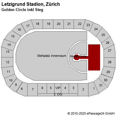 Saalplan Letzigrund Stadion, Zürich, Schweiz, Golden Circle inkl Steg