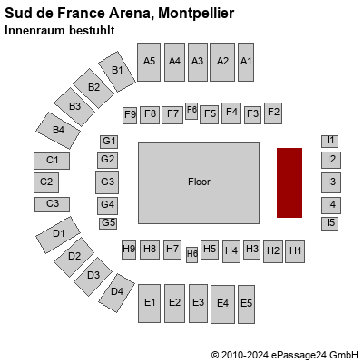 Saalplan Sud de France Arena, Montpellier, Frankreich, Innenraum bestuhlt