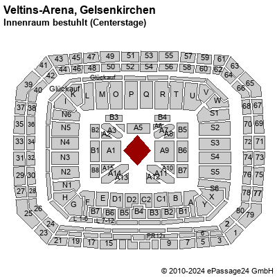 Saalplan Veltins-Arena, Gelsenkirchen, Deutschland, Innenraum bestuhlt (Centerstage)