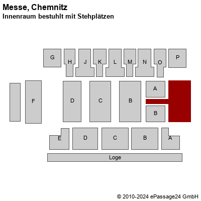 Saalplan Messe, Chemnitz, Deutschland, Innenraum bestuhlt mit Stehplätzen