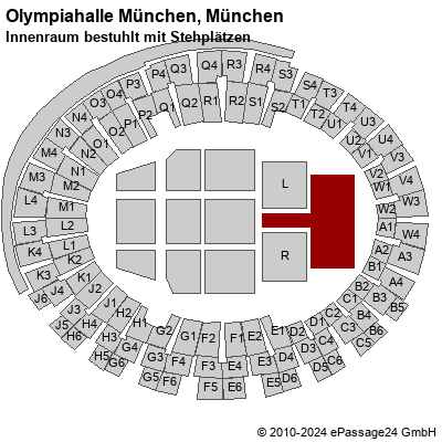 Saalplan Olympiahalle München, München, Deutschland, Innenraum bestuhlt mit Stehplätzen