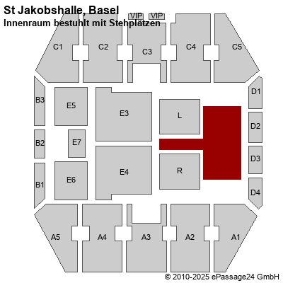 Saalplan St Jakobshalle, Basel, Schweiz, Innenraum bestuhlt mit Stehplätzen