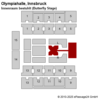 Saalplan Olympiahalle, Innsbruck, Österreich, Innenraum bestuhlt (Butterfly Stage)