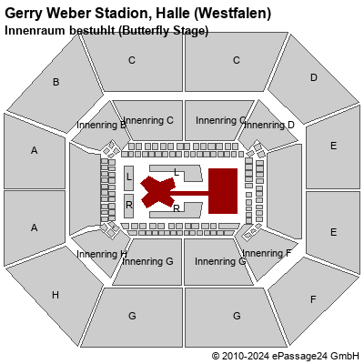 Saalplan Gerry Weber Stadion, Halle (Westfalen), Deutschland, Innenraum bestuhlt (Butterfly Stage)