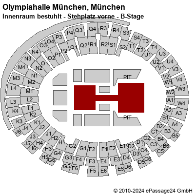 Saalplan Olympiahalle München, München, Deutschland, Innenraum bestuhlt - Stehplatz vorne - B-Stage