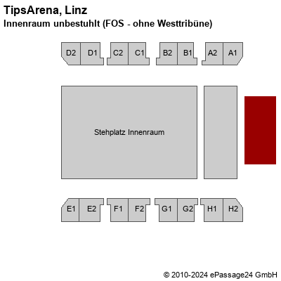 Saalplan TipsArena, Linz, Österreich, Innenraum unbestuhlt (FOS - ohne Westtribüne)