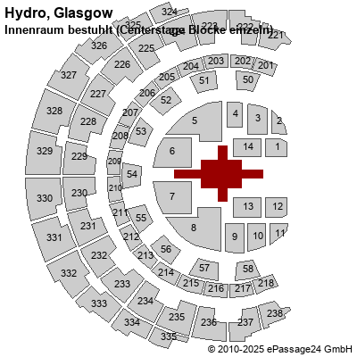 Saalplan Hydro, Glasgow, Großbritannien, Innenraum bestuhlt (Centerstage Blöcke einzeln)