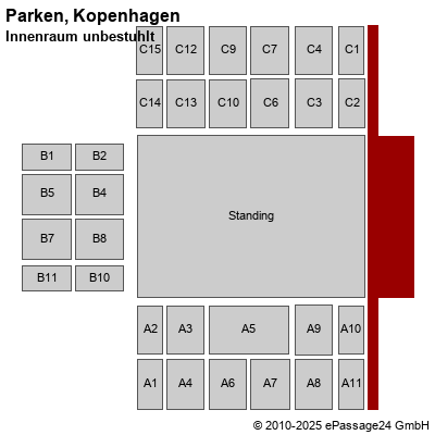 Saalplan Parken, Kopenhagen, Dänemark, Innenraum unbestuhlt