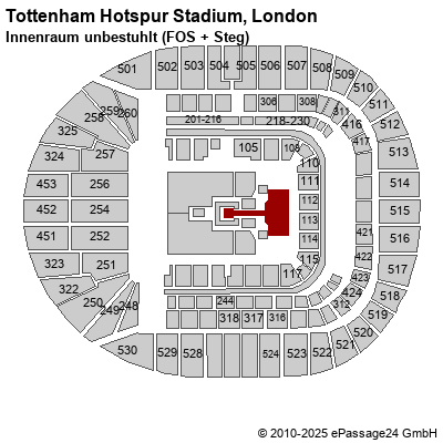 Saalplan Tottenham Hotspur Stadium, London, Großbritannien, Innenraum unbestuhlt (FOS + Steg)