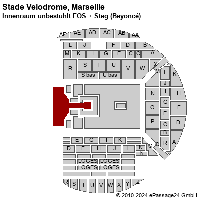 Saalplan Stade Velodrome, Marseille, Frankreich, Innenraum unbestuhlt FOS + Steg (Beyoncé)