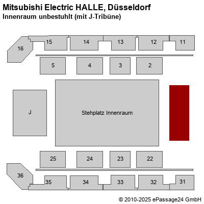 Saalplan Mitsubishi Electric HALLE, Düsseldorf, Deutschland, Innenraum unbestuhlt (mit J-Tribüne)