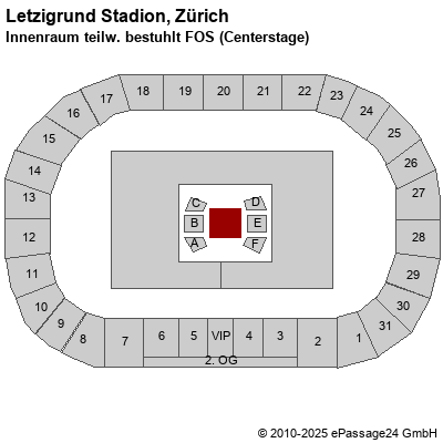 Saalplan Letzigrund Stadion, Zürich, Schweiz, Innenraum teilw. bestuhlt FOS (Centerstage)