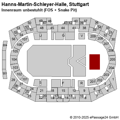 Saalplan Hanns-Martin-Schleyer-Halle, Stuttgart, Deutschland, Innenraum unbestuhlt (FOS + Snake Pit)