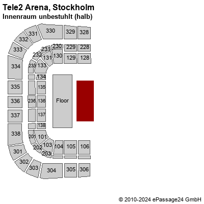 Saalplan Tele2 Arena, Stockholm, Schweden, Innenraum unbestuhlt (halb)