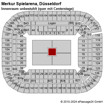 Saalplan Merkur Spielarena, Düsseldorf, Deutschland, Innenraum unbestuhlt (quer mit Centerstage)