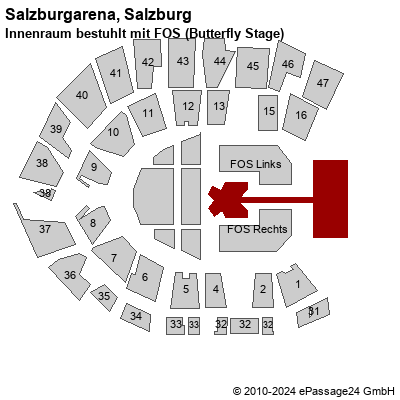 Saalplan Salzburgarena, Salzburg, Österreich, Innenraum bestuhlt mit FOS (Butterfly Stage)