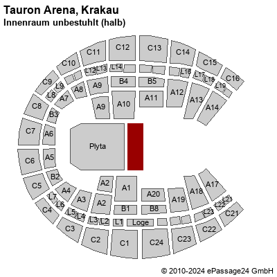 Saalplan Tauron Arena, Krakau, Polen, Innenraum unbestuhlt (halb)