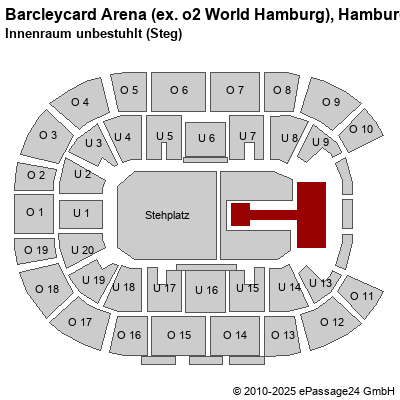 Saalplan Barcleycard Arena (ex. o2 World Hamburg), Hamburg, Deutschland, Innenraum unbestuhlt (Steg)