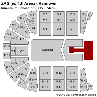 Saalplan ZAG (ex TUI Arena), Hannover, Deutschland, Innenraum unbestuhlt (FOS + Steg)