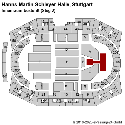 Saalplan Hanns-Martin-Schleyer-Halle, Stuttgart, Deutschland, Innenraum bestuhlt (Steg 2)