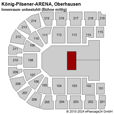 Saalplan König-Pilsener-ARENA, Oberhausen, Deutschland, Innenraum unbestuhlt (Bühne mittig)