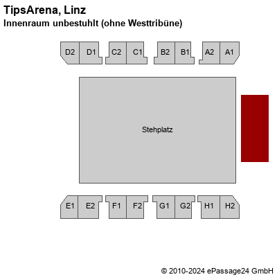 Saalplan TipsArena, Linz, Österreich, Innenraum unbestuhlt (ohne Westtribüne)