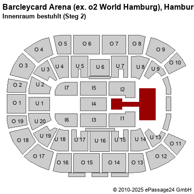 Saalplan Barcleycard Arena (ex. o2 World Hamburg), Hamburg, Deutschland, Innenraum bestuhlt (Steg 2)