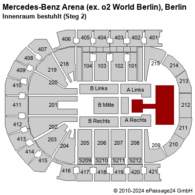 Saalplan Mercedes-Benz Arena (ex. o2 World Berlin), Berlin, Deutschland, Innenraum bestuhlt (Steg 2)