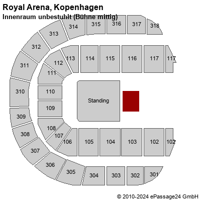 Saalplan Royal Arena, Kopenhagen, Dänemark, Innenraum unbestuhlt (Bühne mittig)