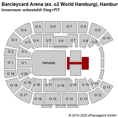 Saalplan Barcleycard Arena (ex. o2 World Hamburg), Hamburg, Deutschland, Innenraum unbestuhlt Steg+PIT