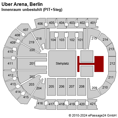 Saalplan Uber Arena, Berlin, Deutschland, Innenraum unbestuhlt (PIT+Steg)