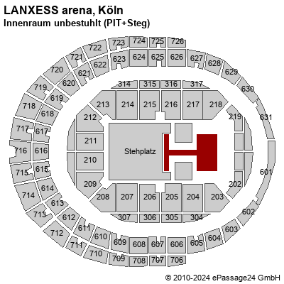 Saalplan LANXESS arena, Köln, Deutschland, Innenraum unbestuhlt (PIT+Steg)