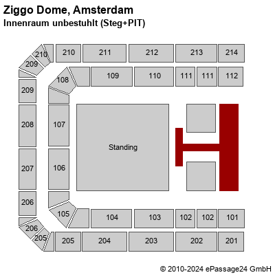 Saalplan Ziggo Dome, Amsterdam, Niederlande, Innenraum unbestuhlt (Steg+PIT)