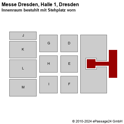 Saalplan Messe Dresden, Halle 1, Dresden, Deutschland, Innenraum bestuhlt mit Stehplatz vorn