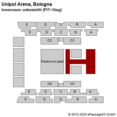 Saalplan Unipol Arena, Bologna, Italien, Innenraum unbestuhlt (PIT+Steg)