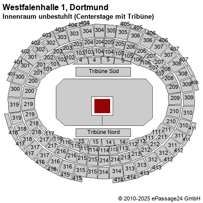 Saalplan Westfalenhalle 1, Dortmund, Deutschland, Innenraum unbestuhlt (Centerstage mit Tribüne)