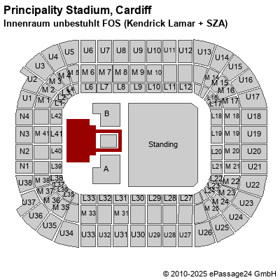 Saalplan Principality Stadium, Cardiff, Großbritannien, Innenraum unbestuhlt FOS (Kendrick Lamar + SZA)