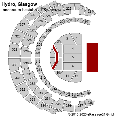 Saalplan Hydro, Glasgow, Großbritannien, Innenraum bestuhlt - 2 Stages